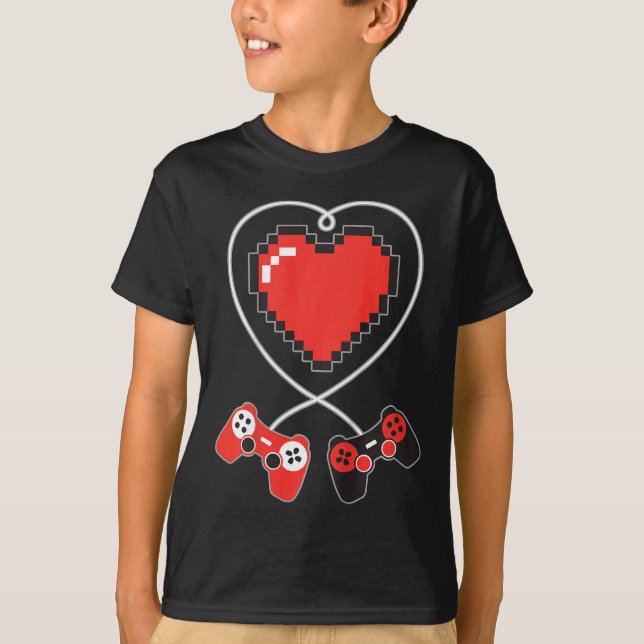 Kids Heart Pixel Art Video-match Controller Valent T Shirt (Framsida)