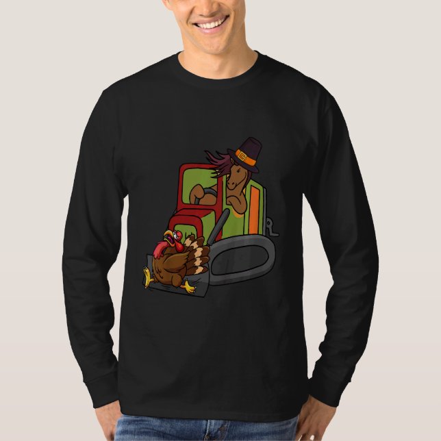 Kids Horse Riding Bulldozer Turkey Thanksgiving Da T Shirt (Framsida)