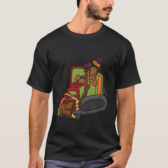 Kids Horse Riding Bulldozer Turkey Thanksgiving Da T Shirt (Framsida)