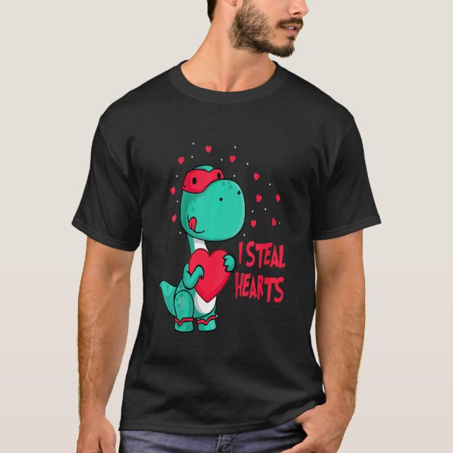 Kids I Steal Hearts Valentines day Cute Dinosaur B T Shirt (Framsida)