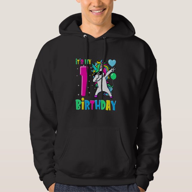 Kids It's My 1 Birthday Dabbing Unicorn Hoodie (Framsida)