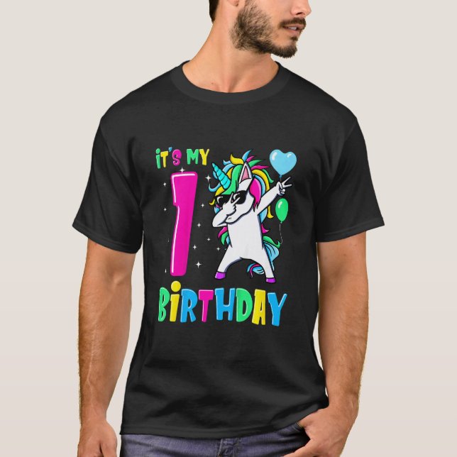 Kids It's My 1 Birthday Dabbing Unicorn T Shirt (Framsida)