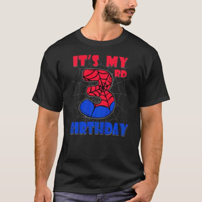Kids It's My 3rd Birthday Spider Theme Party 3 Yea T Shirt (Framsida)