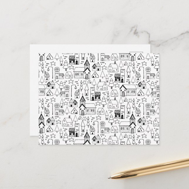 Kids jul Village Whimsical Black & White Helg Vykort (Fram/Back In Situ)