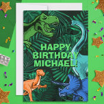 Kids Jurassic Dino Dinosaur Personlig Birthday Kort<br><div class="desc">Den här dinosur-designen är underbar för födelsedagspojken i ditt liv. Ge är en dinokusdag med den här dinokemiska designen med trex,  triceratops,  brontosaurus och kidnappare.</div>