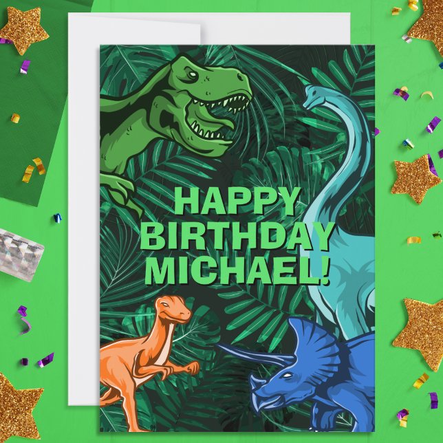 Kids Jurassic Dino Dinosaur Personlig Birthday Kort (Wish happy birthday to your favorite dinosaur lover! Great for kids of all ages!)