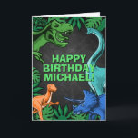 Kids Jurassic Dino Dinosaur Personlig Birthday Kort<br><div class="desc">Den här dinosur-designen är underbar för födelsedagspojken i ditt liv. Ge är en dag med dinokarsten med den här dinokemiska designen med trex,  triceratops,  brontosaurus och raptor.</div>