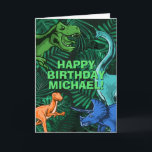 Kids Jurassic Dino Personlig Dinosaur Birthday Kort<br><div class="desc">Den här dinosur-designen är underbar för födelsedagspojken i ditt liv. Ge är en dag med dinokarsten med den här dinokemiska designen med trex,  triceratops,  brontosaurus och raptor.</div>