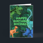 Kids Jurassic Dino Personlig Dinosaur Birthday Kort<br><div class="desc">Den här dinosur-designen är underbar för födelsedagspojken i ditt liv. Ge är en dag med dinokarsten med den här dinokemiska designen med trex,  triceratops,  brontosaurus och raptor.</div>