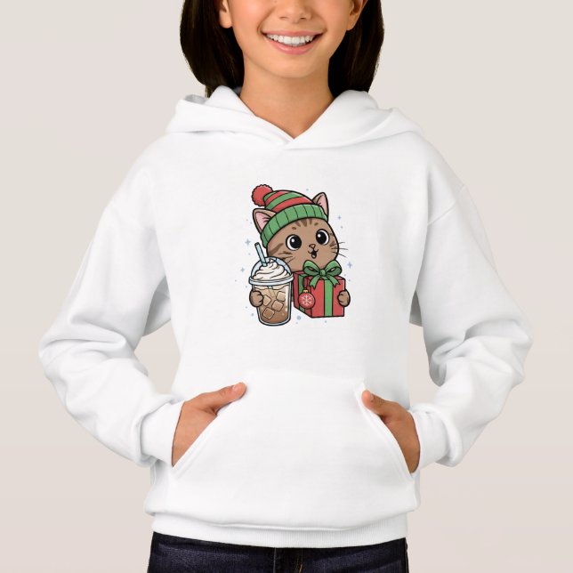 Kids' Kawaii Christmas Cat & Iced Latte Pullover T Shirt (Framsida)