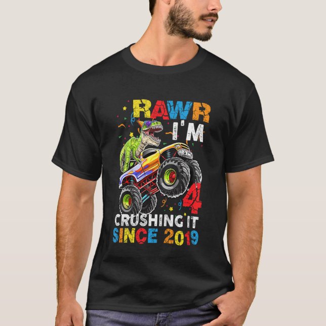 Kids Kids TRex Dinosaur Monster Lastbil 4e födelse T Shirt (Framsida)