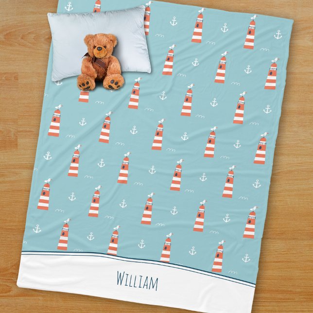 Kids Lighthouse och Anchor Mönster på Blue Fleecefilt (Skapare uppladdad)