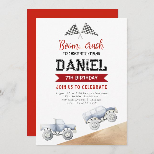 Kids Monster Lastbil Födelsedagsfest inbjudan (Fram/baksida)