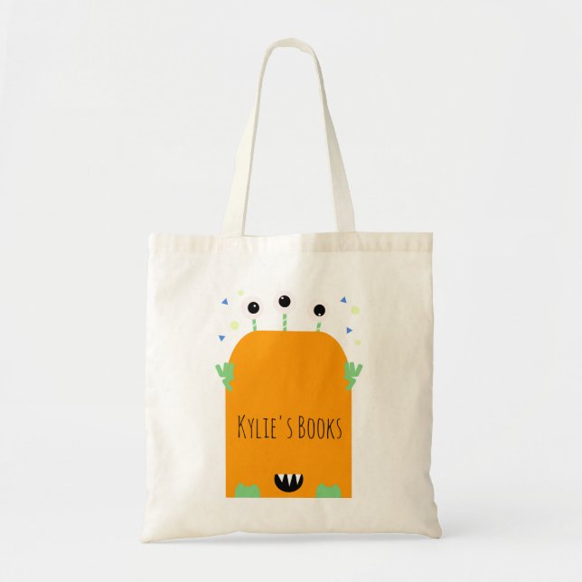 Kids Monster Orange Tecknad Bibliotek Bok Tote Bag Tygkasse (Framsidan)