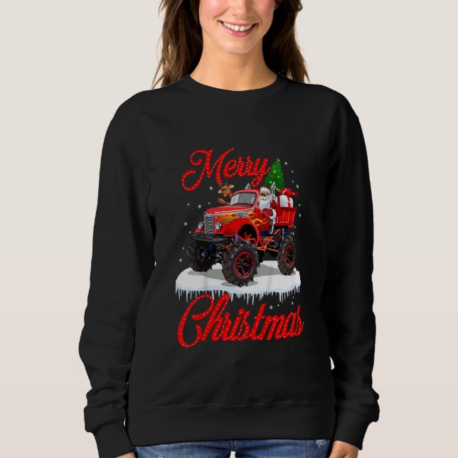 Kids Monster Truck Lights Xmas Tree Santa Monster  T Shirt (Framsida)
