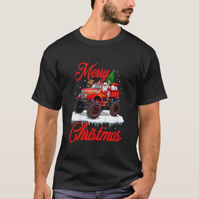 Kids Monster Truck Lights Xmas Tree Santa Monster  T Shirt (Framsida)