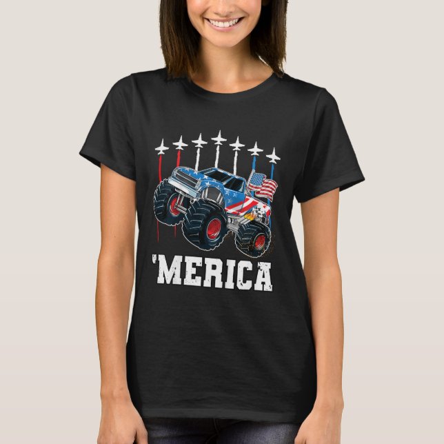Kids Monster Truck Usa Flag Patriotic Toddlers Boy T Shirt (Framsida)