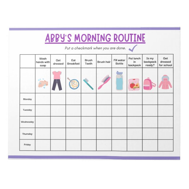 Kids Morning Routine Checklist with Cute Icons Anteckningsblock (Framsida)