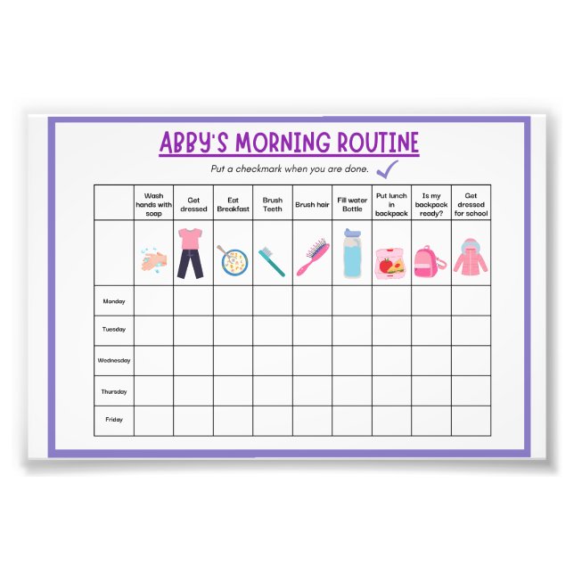 Kids Morning Routine Checklist with Cute Icons Fototryck (Framsidan)