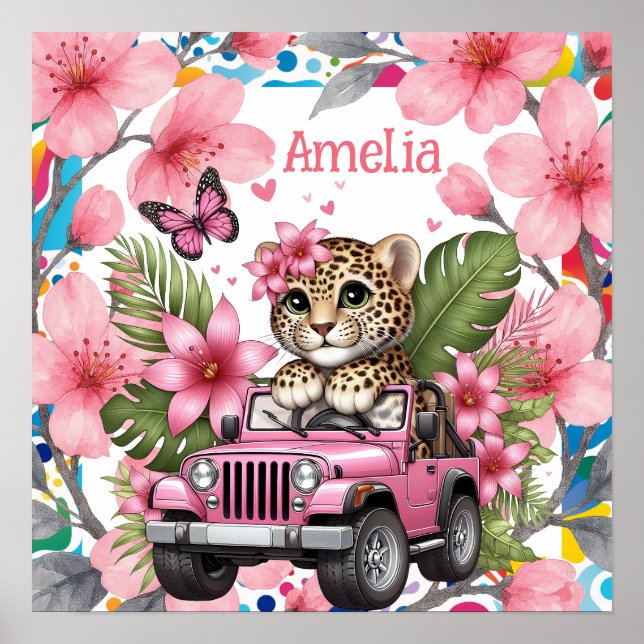 Kids Name & Floral Baby Jungle Animals Nursery  Poster (Framsidan)