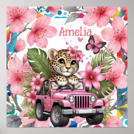 Kids Name & Floral Baby Jungle Animals Nursery  Poster