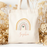 Kids Namn Boho Pastel Earth Tones Tygkasse<br><div class="desc">Den här tote-väskan har en boho-regnbåge som är dekorerad med ett hjärta och polka dots i muterade pastelljordtoner av guld,  terracotta,  beige,  dammig ro,  grönt och elfenben. Anpassa det med namn i terracotta handskript.</div>
