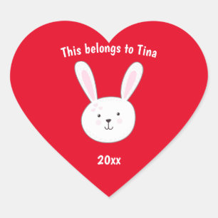 Kids Namn bricka Bunny Rabbit Påsk Red Heart Hjärtformat Klistermärke