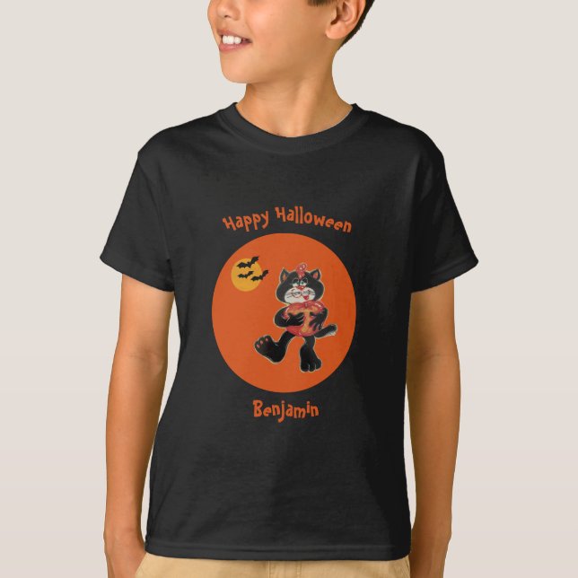 Kids Namn Halloween Cute Black Cat Måne Fladdermus T Shirt (Framsida)