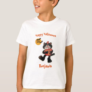 Kids Namn Halloween Cute Black Cat Måne Fladdermus T Shirt