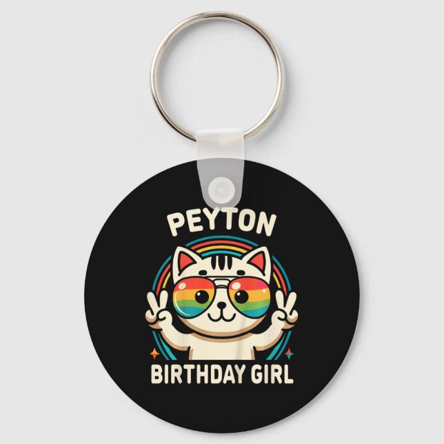 Kids Namn Peyton Birthday Girl Cat Nyckelring (Framsida)