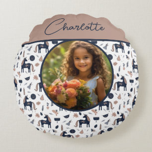 Kids Navy Beige Unicorn Anpassningsbar Photo med N Rund Kudde