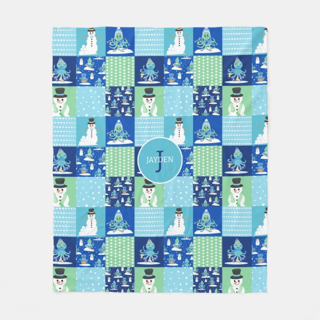 Kids Octopus Winter Sports Patchwork Personalized  Fleecefilt (Framsidan)