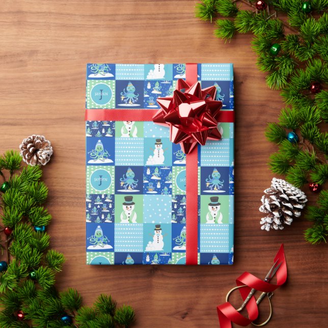 Kids Octopus Winter Sports Patchwork Personalized Presentpapper (Julgåva)