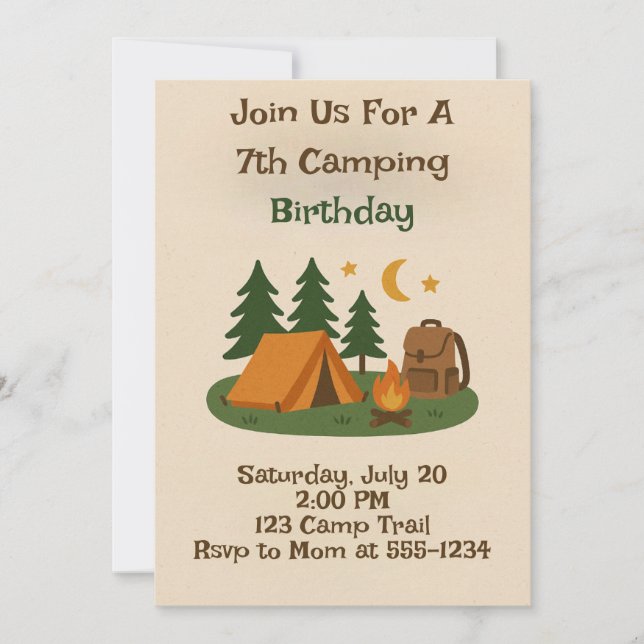 Kids Outdoor CAmping Birthday Invitation Inbjudningar (Framsida)
