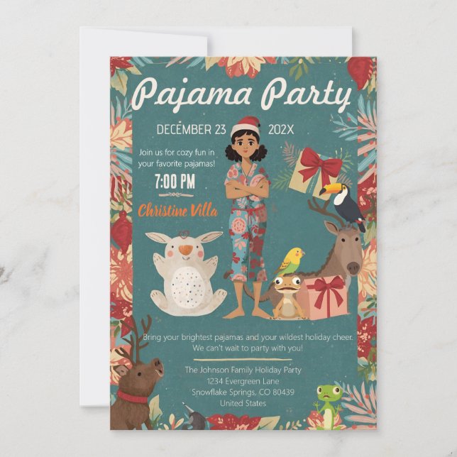Kids Pajama Party Christmas Holiday Cozy Animals  Inbjudningar (Framsida)