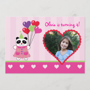 Kids Panda Valentines Födelsedagsfest Photo Invita Inbjudningar