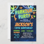 Kids Parkour Födelsedagsfest inbjudan<br><div class="desc">Födelsedagsfest inbjudan för pojkar och flickor,  grönt och orange.</div>
