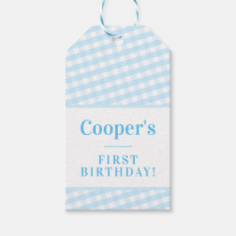 KIDS PARTY vintage gingham mönster boy blek blue Presentetikett