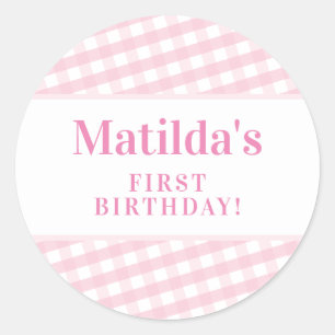 KIDS PARTY vintage gingham mönster flicka rosa Runt Klistermärke