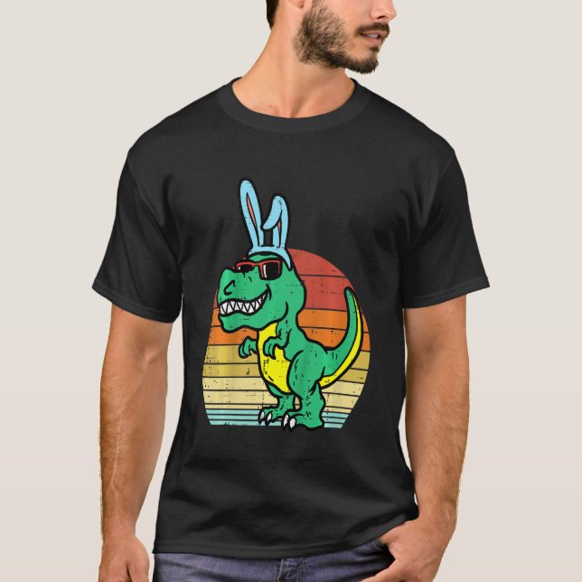 Kids Påsk Trex Bunny Sunset Retro Dinosaur Boys T Shirt (Framsida)