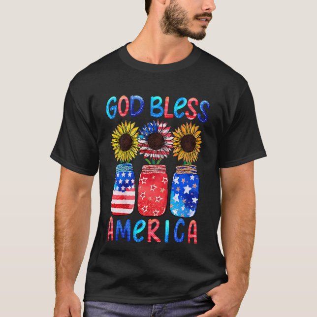 Kids Patriotic American Flagga Solros Välsigna dig T Shirt (Framsida)