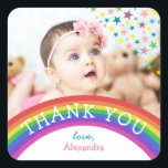 Kids Photo Birthday Tack Fyrkantigt Klistermärke<br><div class="desc">Cute,  färglöst barns födelsedag-tack för dina favoriter med foto,  regnbåge och färgstarka stjärnor.</div>