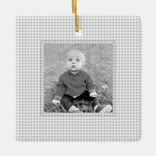 Kids PHOTO NAMN YEAR Grått Gingham Årlig Roligt Julgransprydnad Keramik