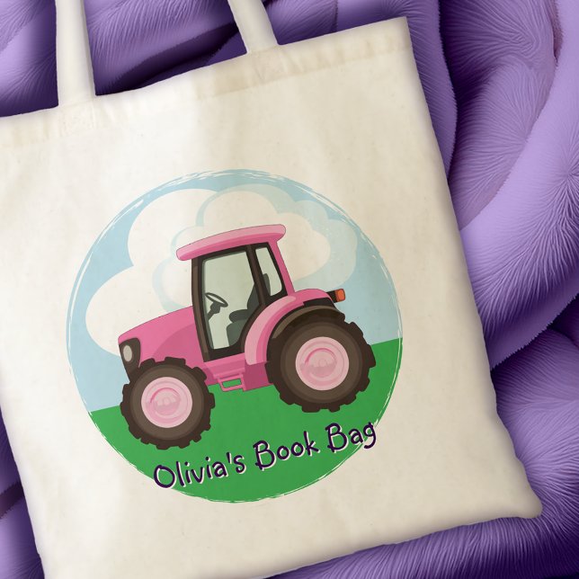 Kids Pink Farm Tractor Cute Girly Personalized Tygkasse (Kids Pink Farm Tractor Cute Girly Personalized Tote Bag)
