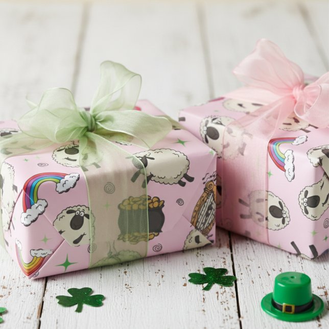 Kids Pink St. Patrick’s Day Sheep & Shamrocks Presentpapper (Girly Pink and Green Kids St Patrick's Day Wrapping Paper for Her. Cute Sheep, Rainbow & Shamrocks)