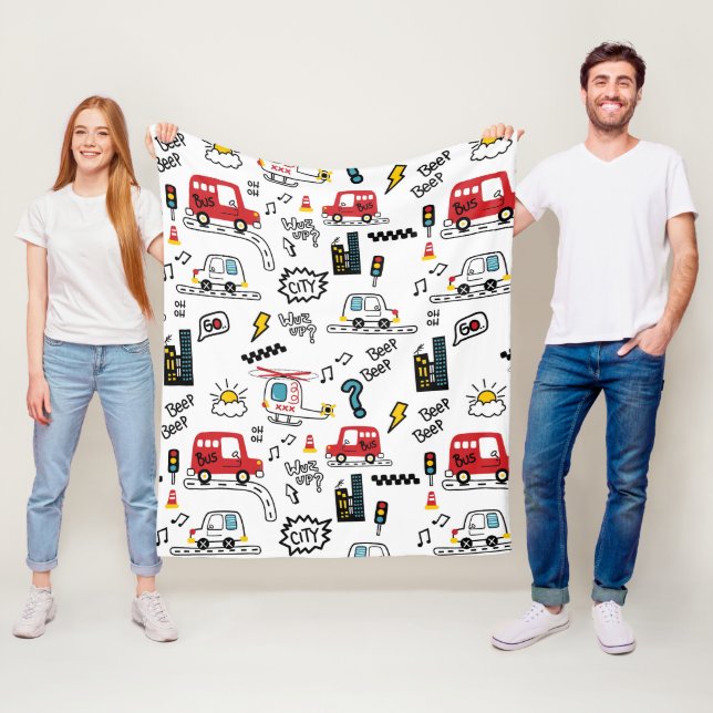 Kids Playful Transport Pattern  Fleecefilt (På plats)