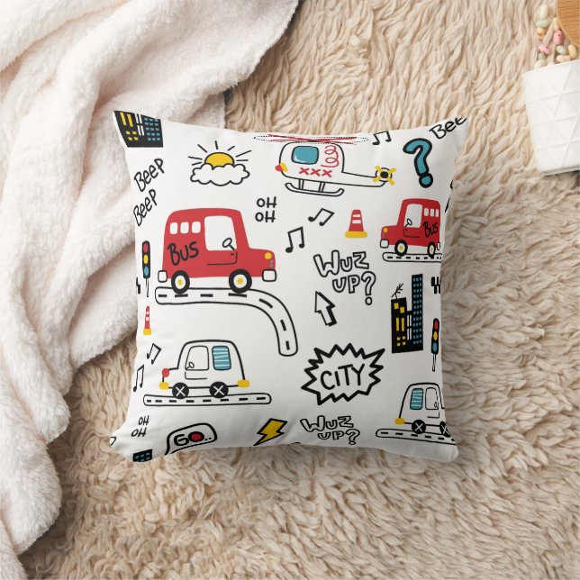 Kids Playful Transport Pattern  Kudde (Filt)