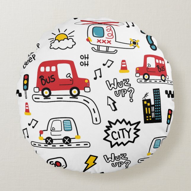 Kids Playful Transport Pattern  Rund Kudde (Framsidan)