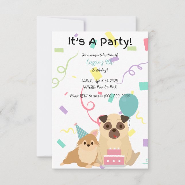 Kids Pug Hund Birthday-inbjudan Inbjudningar (Framsida)