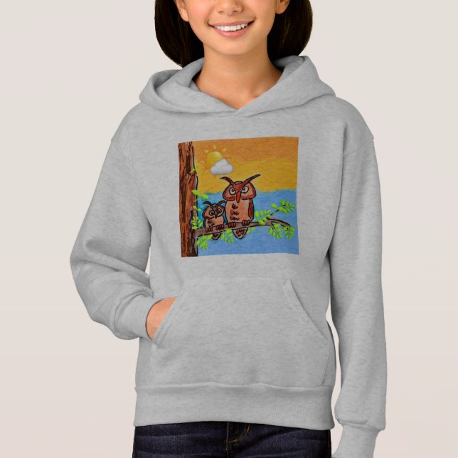 KIDS' PULLOVER HOODIE - TECKNAD HORNED UGGLA T SHIRT (Framsida)